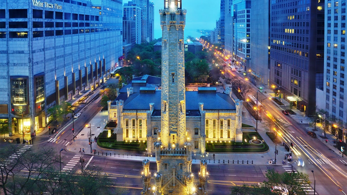 Aerial view of the Chicago Water Tower